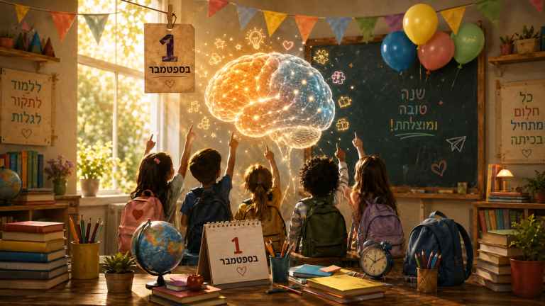 ילדים בכיתה מצביעים על מוח מרחף מוער על הלוח מאחרי המוח כתוב שנה טובה ומוצלחת