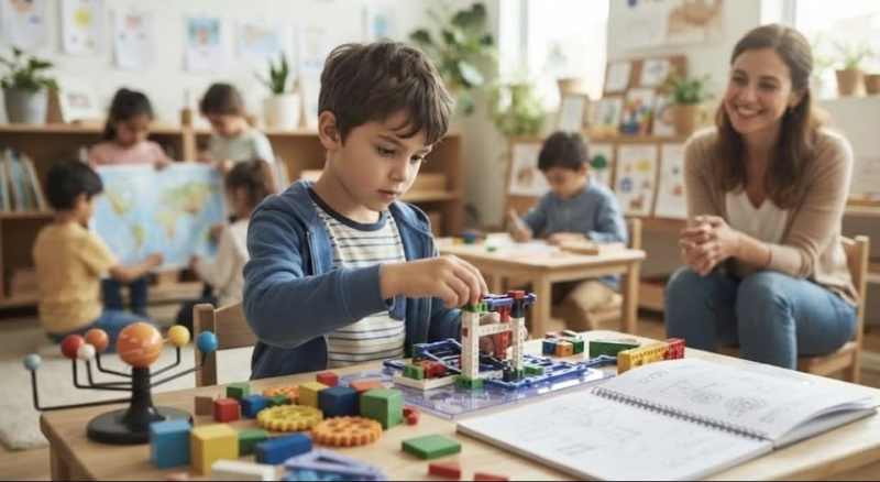 כיתת מונטסורי. ילדים שונים עסוקים במשימות שונות. מורה מתבוננת בילד בונה משהו מחלקים מכניים